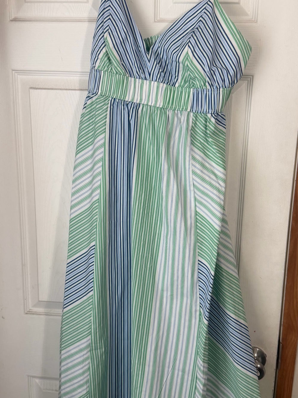 Striped Spaghetti-Strap Maxi Dress in Blue, Green & White